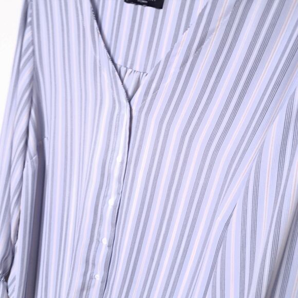 Tahari Women Plus 1x Top Blue & White Striped Long Sleeve Blouse Button Down - Picture 2 of 8